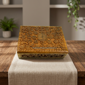 Natural Finish Folk Art Sheesham <b>Wood</b> Through-Carved Decorative Jewellery Storage Box Rectangular Shape for Wedding Decoration - Product Image 2