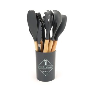 Wholesale 12-piece Wooden Handle Silicone Kitchenware Set Non-stick Cooking Storage Barrel Home Supplies Factory in Stock - Product Image 3