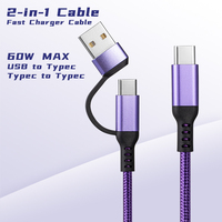 Venta al por mayor 2 en 1 Nylon trenzado tipo C cargador rápido 60W USB C a USB C Cable para carga rápida de teléfonos móviles