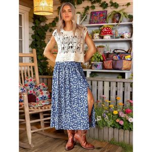 FOXA Women's Maxi <b>Skirt</b> A-Line <b>Elastic</b> Waist Floral Print Long Casual Side Slit Beach Vacation Summer <b>Skirt</b> - Product Image 6