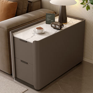 Meuble d'appoint moderne en bois massif avec plateau en pierre, 2 tiroirs et étagères, durable, pour appartement, salon, chambre, rangement, <span class=keywords><strong>canapé</strong></span> d'angle/table basse - Product Image 3