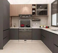 Meuble de cuisine modulaire sans poignées |   Plan de travail en granit |   Mélamine à effet bois |   Style Moderne Personnalisé