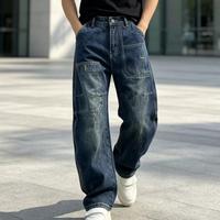 Jeans à jambe droite en denim délavé et teint, style rétro déchiré, décontracté pour le quotidien, pour hommes, vente en gros, personnalisable
