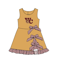 Robe sans manches personnalisée XY0618 pour filles, motif damier, nœuds, ourlet à volants, imprimé mascotte d'équipe, tenue de jour de match pour enfants