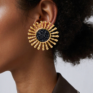 Wholesale Custom Women's Delicate <strong>Black</strong> Crystal Sunburst Shape <strong>Stud</strong> <strong>Earrings</strong> Oversize Sunflower Designer Jewelry for Party - Product Image 1
