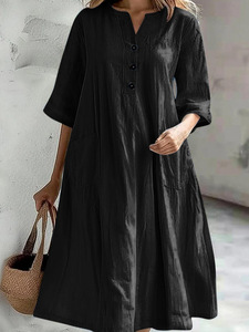 Abito da donna in lino di cotone da donna a mezza manica lunga a V con motivo Patchwork a tre bottoni - Product Image 5