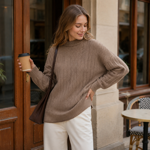 Robe midi minimaliste en maille torsadée verticale, couleur unie café abricot, col montant roulé, manches longues, respirante, épaisseur standard - Product Image 4