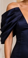 Robe de soirée bleu marine en satin, épaules dénudées, décolleté plongeant, manches bouffantes, coupe colonne, longueur midi, vente en gros