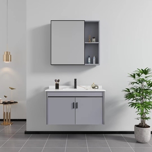 Mueble de Baño Moderno de Aluminio de Alta Calidad al por Mayor con Espejo y Lavabo de Piedra para Hoteles - Product Image 1