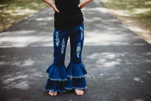 Pantalones de Mezclilla Elásticos de Pierna Ancha con Campana para Bebés Niñas, Azul Marino, con Volantes, para Niños Pequeños - Product Image 2