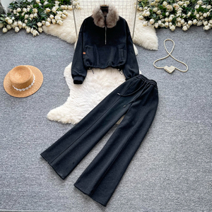 Conjunto de chándal de 2 piezas para mujer de invierno con cuello de piel sintética, sudadera de media cremallera y pantalones de chándal de pierna ancha con cordón, conjunto informal para estar en casa - Product Image 6