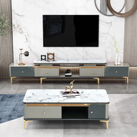 Ensemble de meubles de salon, design luxueux, meuble TV moderne, table basse, support en acier inoxydable doré, armoire en bois