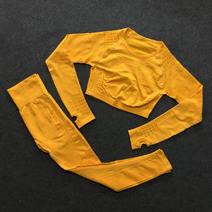 ชุดออกกำลังกายสำหรับผู้หญิงชุดครอป2ชิ้นเสื้อครอปแขนยาวแบบถักไร้ตะเข็บ - Product Image 5