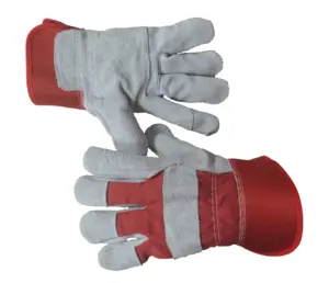 Red Gray Heavy Duty Work Gloves Luvas Guantes, Double Leather Palm & Rubberized Safety cuff