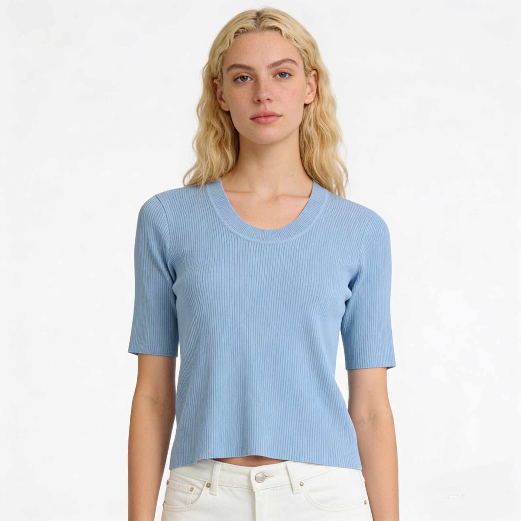 Low Moq Custom Women Knit Top Short Sleeve Crew Neck Knit T-shirt Solid Color Slim Rib Women's Knit Top Wholesale