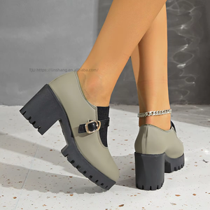 Chaussures à talon épais de style britannique, à enfiler, à bout profond, nouvelle collection automne, grandes tailles, pour femmes - Product Image 4