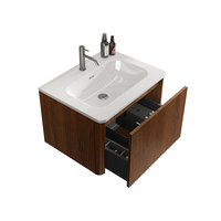 Meuble-lavabo flottant moderne en noyer rayé de 24 pouces avec vasque en céramique blanche, pré-assemblé pour petits espaces de salle de bain ou de salon