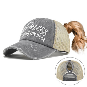 Gorra Trucker con Abertura para Coleta, Algodón Lavado, Fabricada por BSCI, para Mujer, Estilo Vintage, Servicio OEM, Bajo MOQ - Product Image 1
