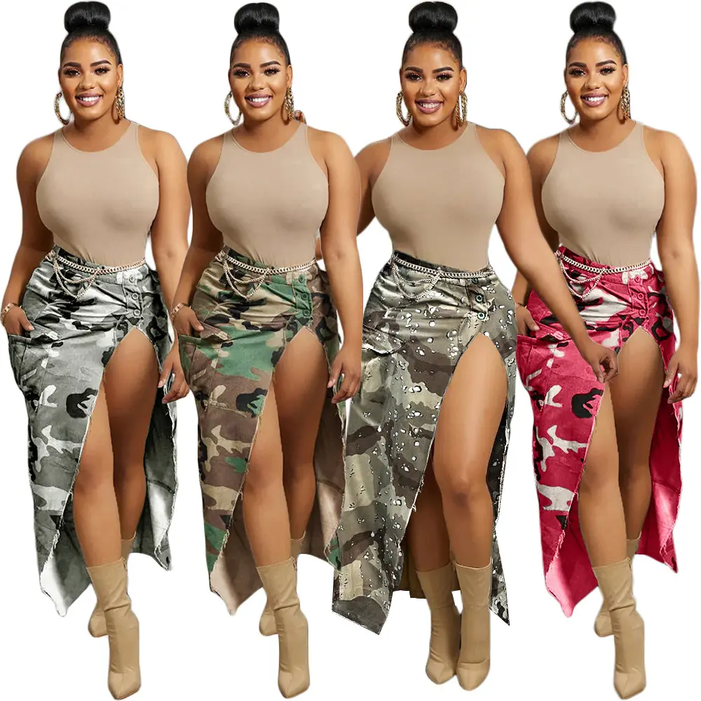 Women Sexy High Split Camouflage Skirt Army Green Ripped Irregular Skirt Spliced Color Pocket Button Long Maxi Skirt