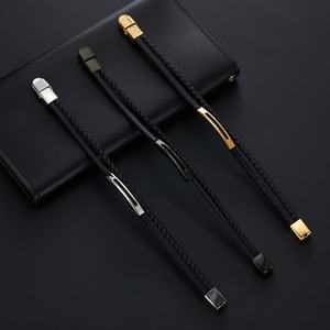 Custom 316l Stainless Steel <b>Men</b> <b>Bracelet</b> Engrave 14k 18k <b>Gold</b> Plated Fashion Multi-layer Leather Braided <b>Bracelet</b> for <b>Men</b> - Product Image 2