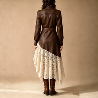 Robe d'automne à manches longues de style rétro occidental européen et américain, en polyester/spandex, patchwork, avec bordure en dentelle, coupe sirène