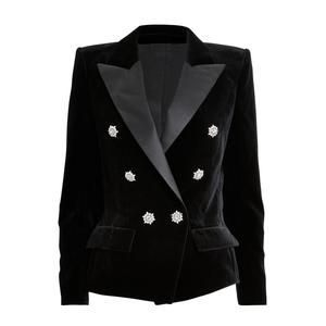 Latest <strong>Black</strong> Women Slim Fit Satin Trim Double-Breasted <strong>Velvet</strong> Blazer <strong>Jacket</strong> - Product Image 1