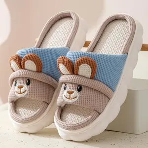 Sandal renda kelinci lucu modis, sandal Linen beruang, sandal hewan, sepatu rumah Linen katun musim panas,