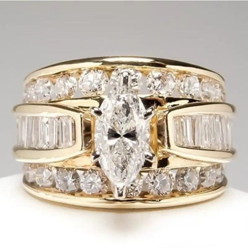 خاتم نسائي للخطوبة من كاوشي, خاتم نسائي للخطوبة من الزركونيا باللون الذهبي من تصميم ماركيز كبير الحجم ، للبيع بالجملة ، مناسب لحفلات الزفاف