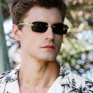 Lunettes de soleil rectangulaires sans monture UV400 avec logo personnalisé, motif léopard doré, bord coupé vintage 2025, pour hommes et femmes - Product Image 1