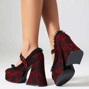 Newly Lace Pumps Thick Platform Chunky High Heels Shoes <b>Square</b> Toe Women Buckle Strap Mary Jane Sandals - Product Image 3
