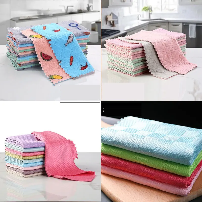 Hot Selling Double Sided Thickening Microfiber Material Towel Kitchen Cleaning Strong Absorbent Dishwashing Towel