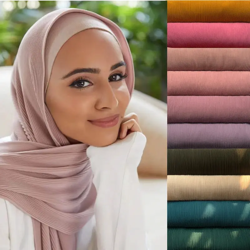 Wrinkle Tudung Malaysia Pearl Chiffon Pleated Women Headscarf Solid Color Line Ladies Crinkle Scarf Muslim Women Hijabs