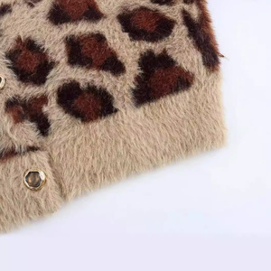 Women's Leopard Print Knitted <b>Cardigan</b> Short Round Neck Loose Fit Anti-Pilling Winter Sweater - Product Image 2