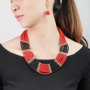 7 Layered Statement African Beaded Necklace Bib Earrings sets Resin Beads Choker Collar Gold Plated Jewelry Set