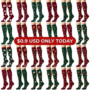 Chaussettes <span class=keywords><strong>de</strong></span> compression imprimées pour Noël, motif Père Noël et flocons <span class=keywords><strong>de</strong></span> neige, hauteur genou, pour cadeau <span class=keywords><strong>de</strong></span> fêtes - Vente en gros - Product Image 1