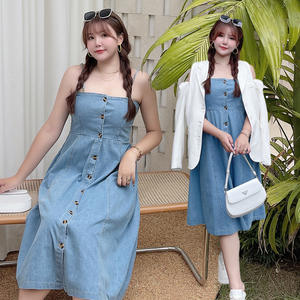 ชุดเดรสยีนส์ผู้หญิงไซส์ใหญ่ สายเดี่ยวเปิดไหล่ สีพื้น N8031 - Product Image 1