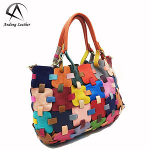 Genuine Cow <b>Leather</b> Fashion Totes Handmade Plaid Contrast Color Cowhide Shoulder Bag <b>Ladies</b> Large <b>Handbag</b> Purse Tote Bags - Product Image 2