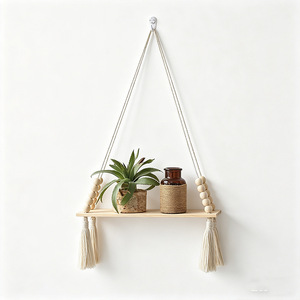 Wooden Tassel Hanging <b>Shelf</b> Rectangle Wall Mounted Bedroom Decorative Storage <b>Rack</b> For Plants And Accessories - Product Image 1