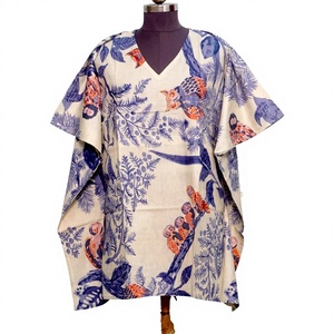 Vestido Kaftán Midi Bodycon sin Mangas con Cuello en V, Hecho a Mano, Ecológico, de Algodón, con Estampado Floral Indio y Corte en la Cintura Natural - Product Image 1