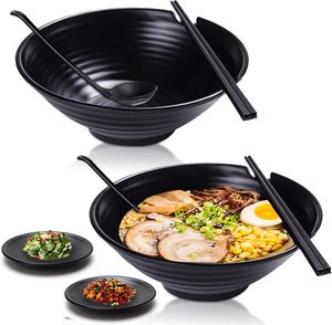 Juego de cuencos y cucharas de melamina mate grandes y negras de 37oz con palillos y platillos para Fideos de sopa Pho Thai Miso <span class=keywords><strong>Udon</strong></span> o comida asiática - Product Image 1