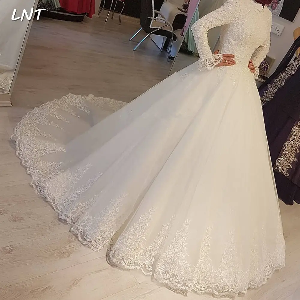 Vestido de novia musulmán de manga larga, cuello alto, corsé, espalda, diseño para novia, FA176, 2022