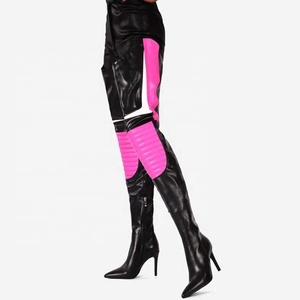 Botas de mujer de colores variados, por encima de la rodilla, con tacón alto y delgado, cremallera lateral, punta fina, talla grande 44, botines altos hasta el muslo. - Product Image 4