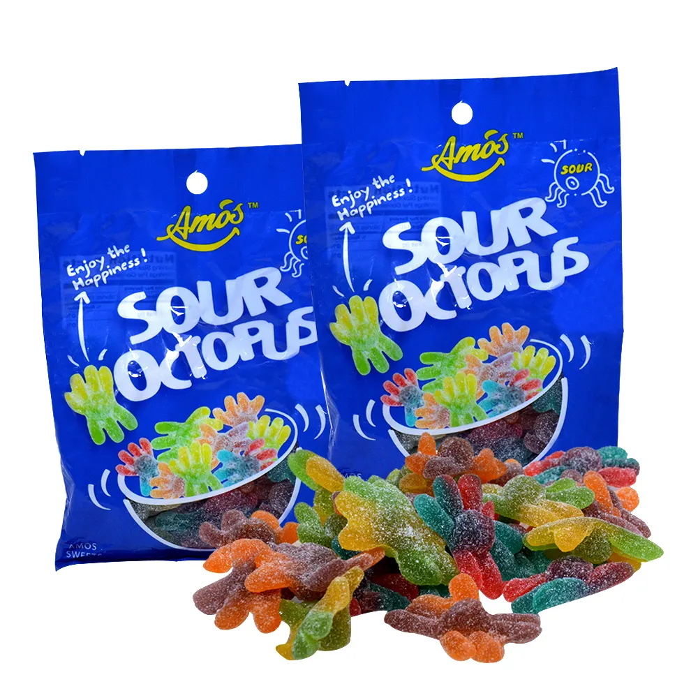 Amos Venda Rápida 2D Interessante Bonito Açúcar Sour Revestido Polvo Forma Fruit Fudge Gummy Candy