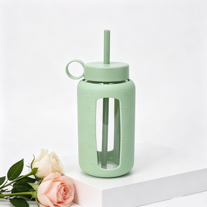 Glasflasche mit Silikonhülle, Wasserbecher mit Tragegriff und Strohhalm-Deckel, Rutschfeste Outdoor-Sportflasche mit <span class=keywords><strong>Zeitskala</strong></span> - Product Image 4