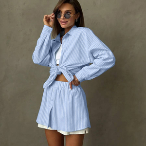 Ensemble deux pièces rayé pour femme, chemise à manches longues, short taille haute, coupe ample, coton respirant, tenue décontractée printemps-été - Product Image 2