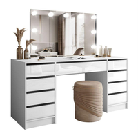 Commode en bois durable et de haute qualité, finition blanc brillant, avec miroir et tiroirs spacieux, lampe d'éclairage pour chambre à coucher