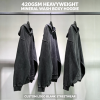 Sweat à capuche personnalisé 420 GSM épais, délavé minéralement, coupe oversize et carrée, sans cordon de serrage, effet vieilli, pour streetwear, marque privée