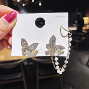 Korean Trendy No Pierced Gold Plated Butterfly Clip-on Earrings Statement Pearl Tassel Shiny Full Diamond Butterfly Cuff Earring