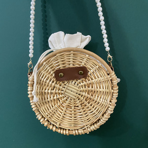 Bolso de mano tejido con perlas, bandolera redonda de paja y ratán, estilo bohemio, bolso de hombro para mujer, para uso diario, bolso pequeño portátil - Product Image 2