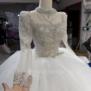 Lsoy043 Palace Style Long Sleeve Long Train Heavy Bright Diamond Starry Sky Dreamy Elegant Romantic <b>Wedding</b> Dress Jancember - Product Image 4